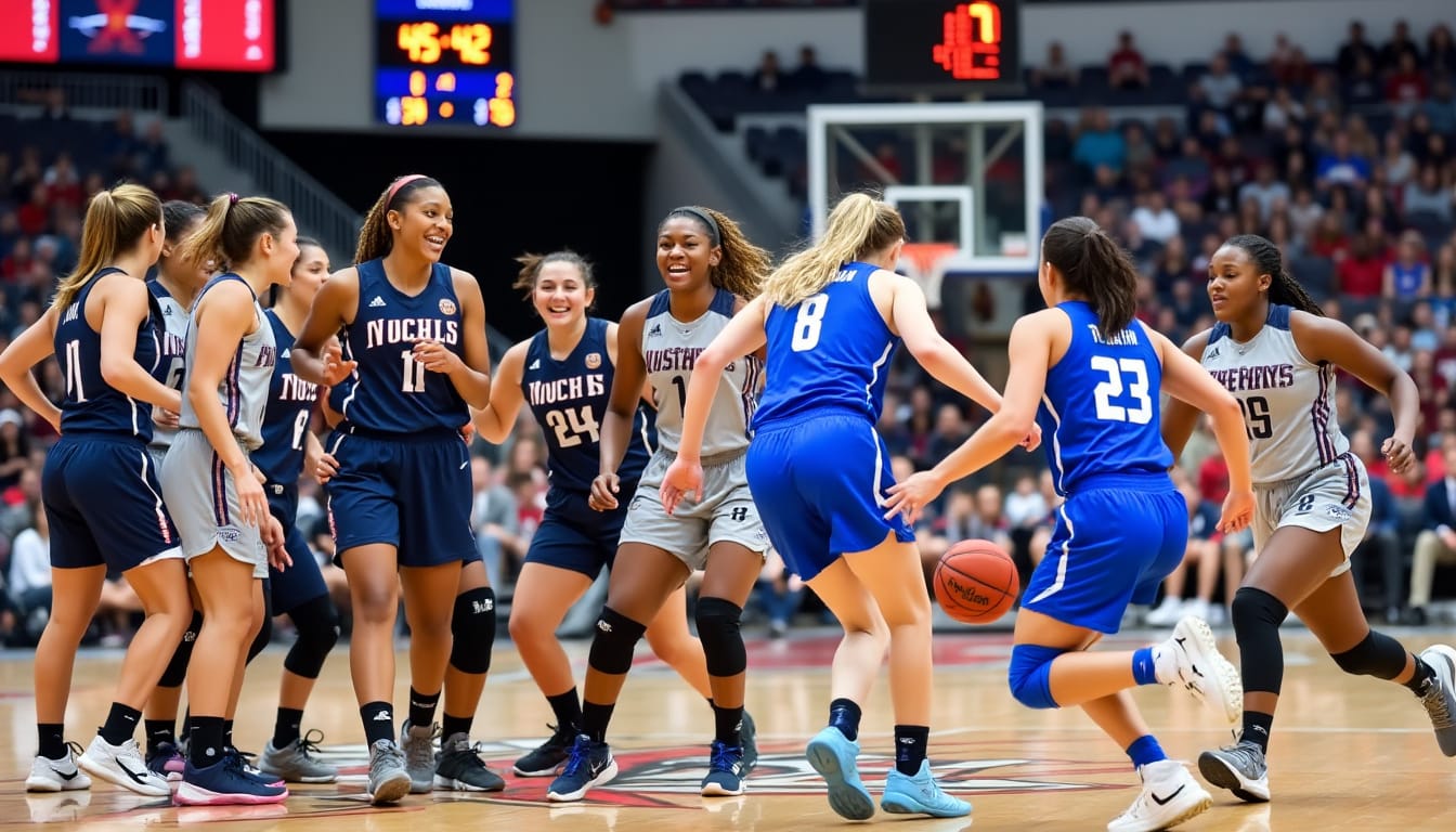 Match de basket-ball feminin en salle avec joueuses en bleu et bleu marine