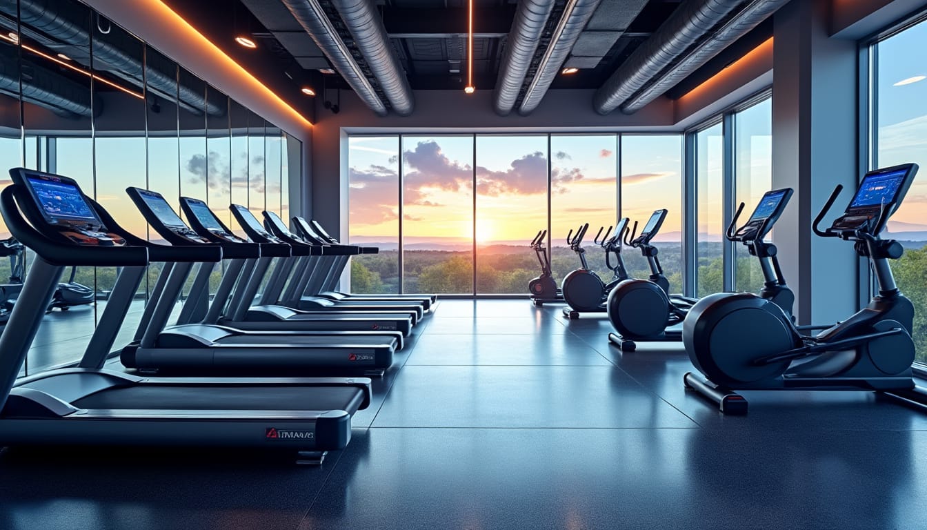Salle de fitness vide avec tapis roulants et velos elliptiques face au coucher de soleil