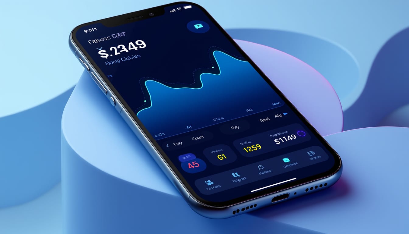 Smartphone affichant une application de suivi fitness avec graphiques et statistiques