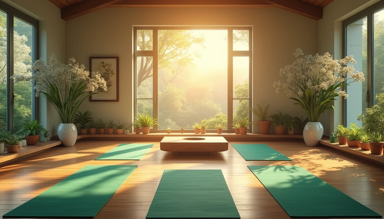Salle de yoga zen avec tapis verts, plantes et lumiere naturelle du matin