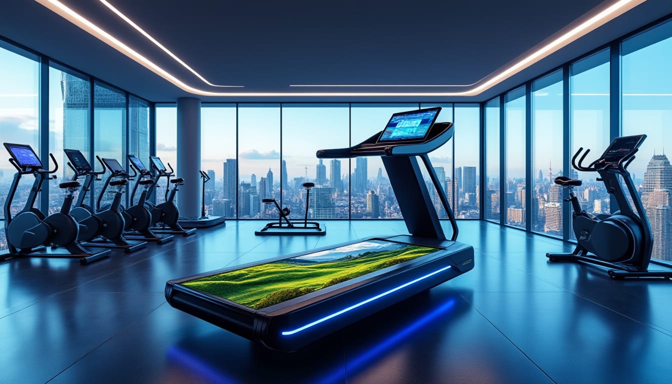 Salle de fitness futuriste avec tapis roulant connecte et vue panoramique sur la ville