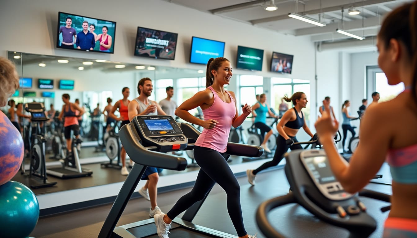 Salle de sport animee avec personnes courant sur des tapis roulants et ecrans