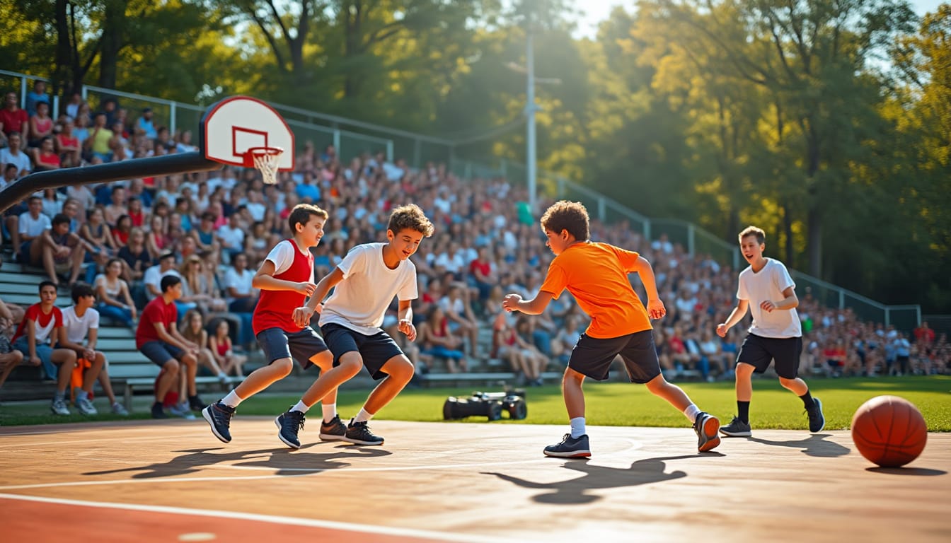 Jeunes jouant au basket-ball en exterieur avec public dans les gradins