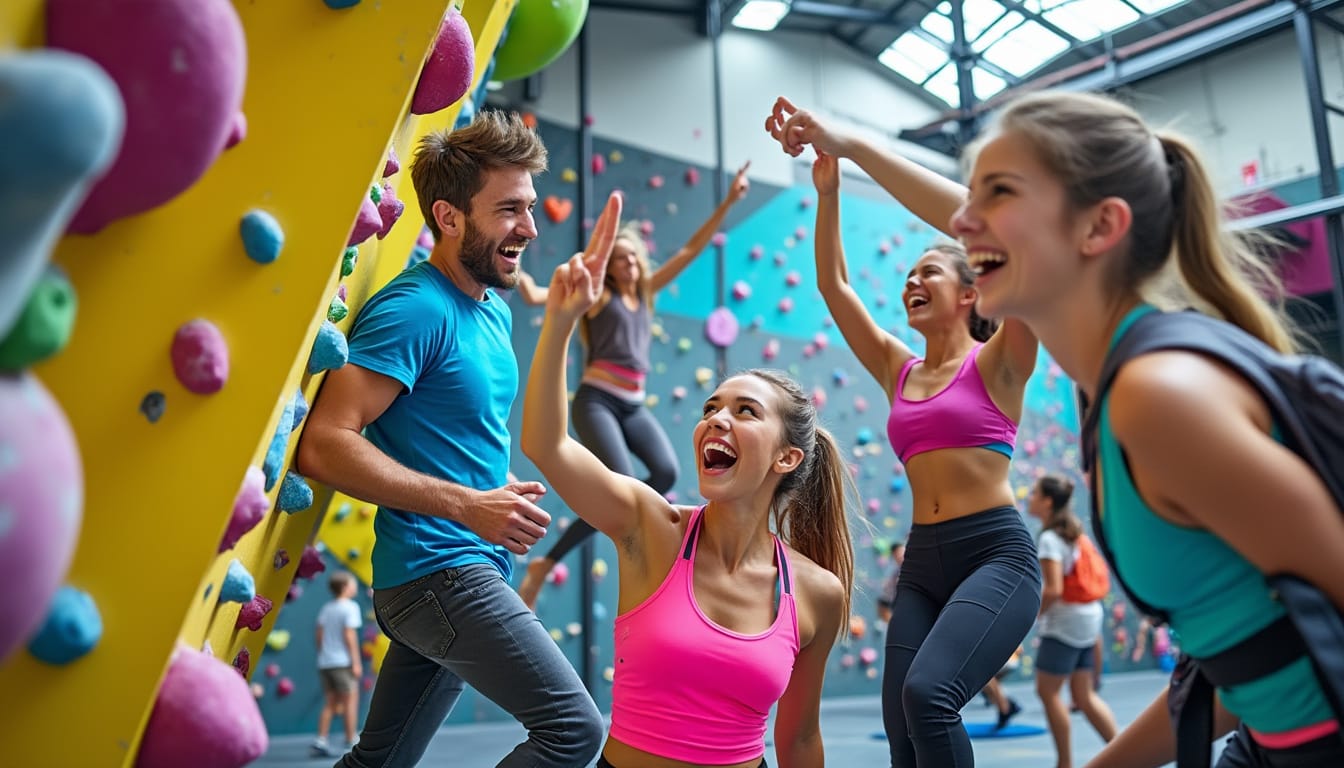 Groupe de jeunes riant et se tapant dans les mains devant un mur d'escalade