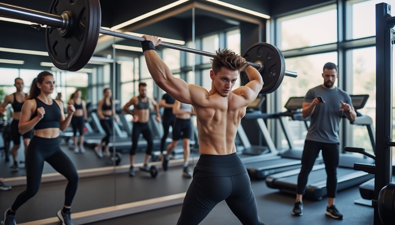 Jeune homme muscle soulevant une barre dans une salle avec d'autres sportifs