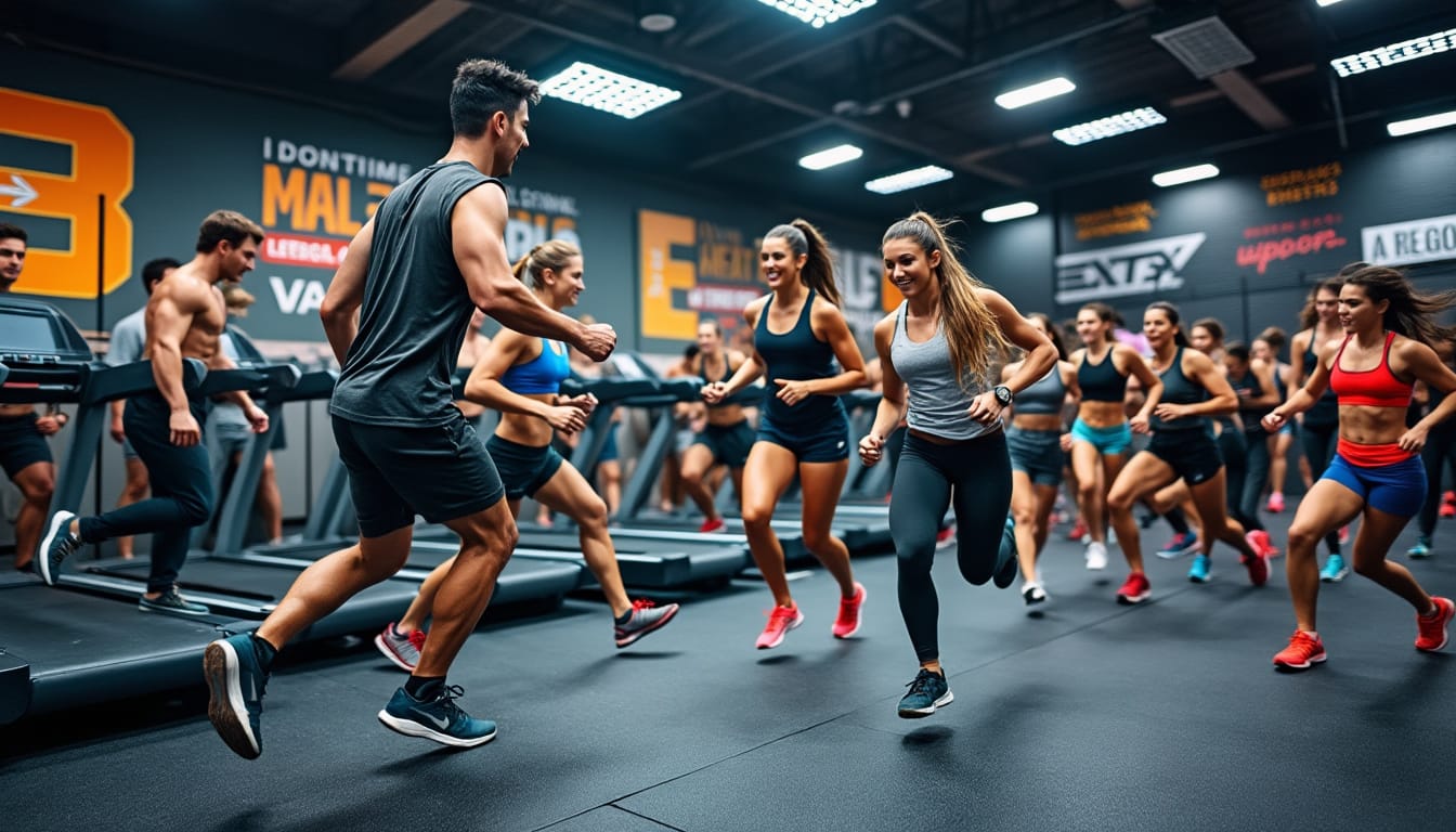 Groupe de sportifs courant et s'entrainant ensemble dans une salle avec tapis roulants