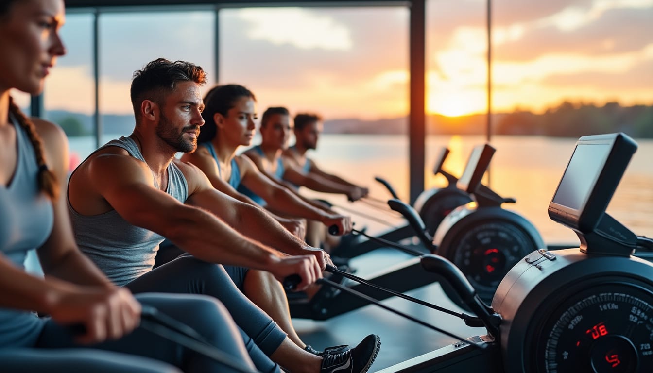 Groupe ramant sur des machines a ramer dans une salle face au coucher de soleil