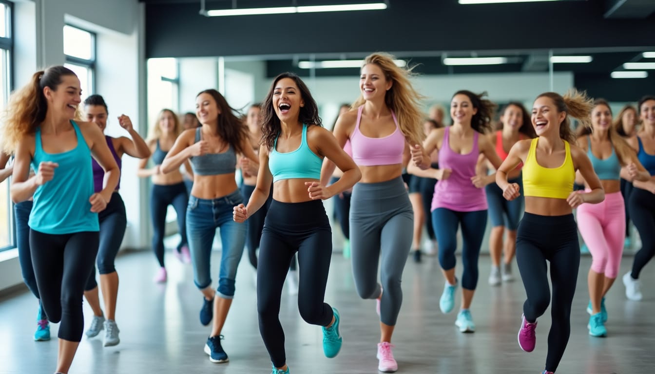 Groupe de femmes riant pendant un cours de danse cardio en salle