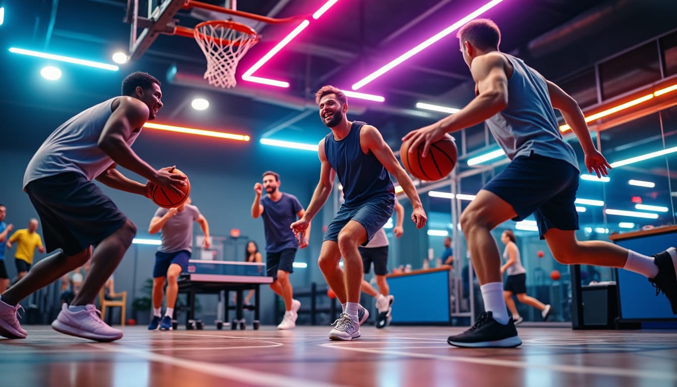 Joueurs de basket-ball s'entrainant dans une salle avec eclairage neon colore