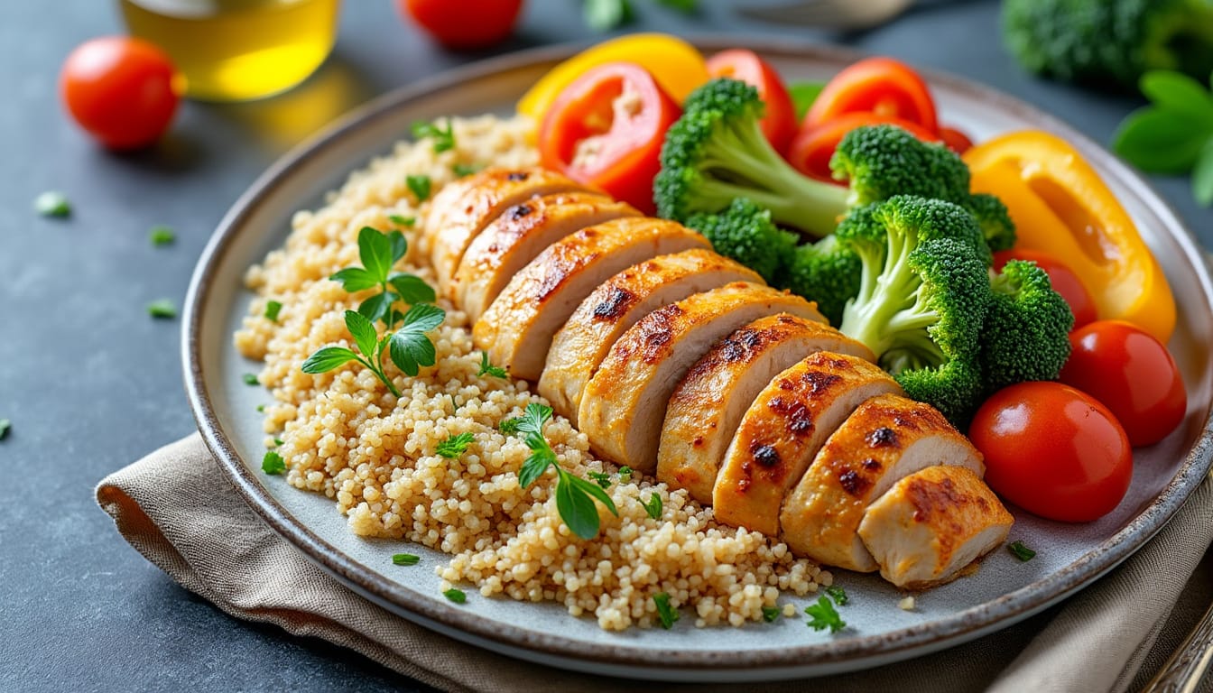 Assiette de poulet tranche avec quinoa, brocoli, tomates et poivrons