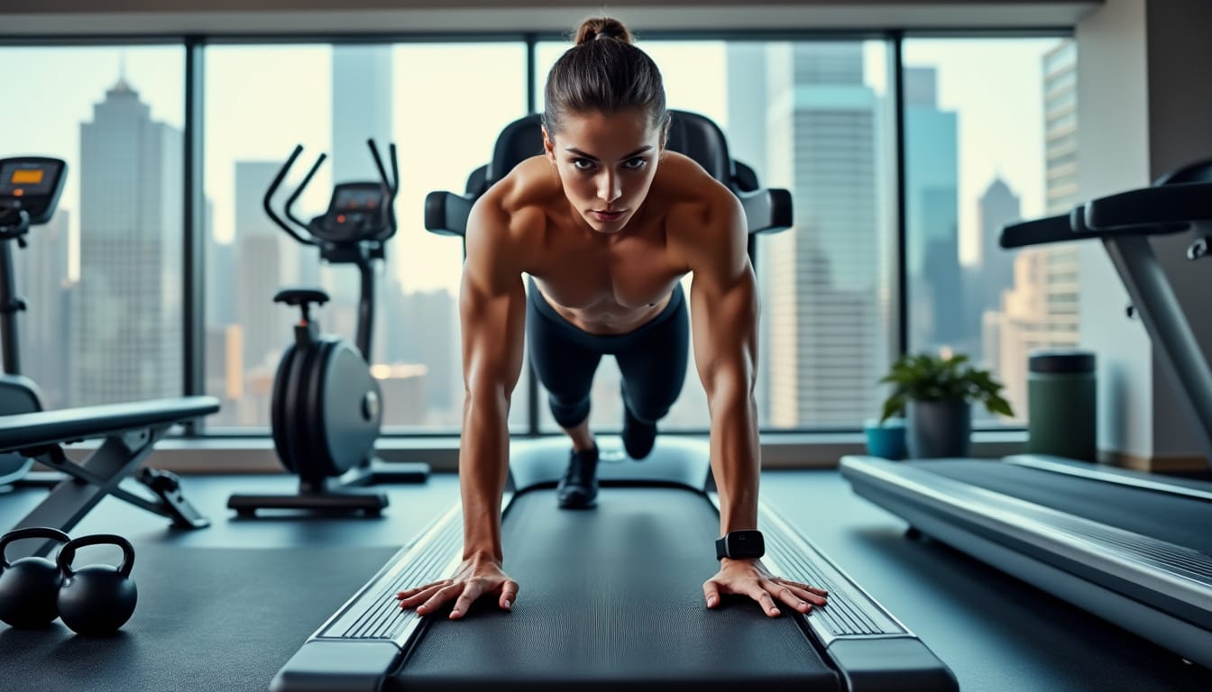 Femme en position de planche dans une salle de sport avec vue sur la ville