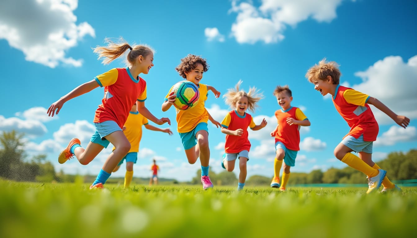 Enfants joyeux jouant au football sur une pelouse verte sous le ciel bleu