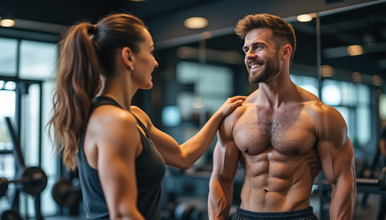 Femme posant la main sur l'epaule d'un homme muscle et souriant dans une salle