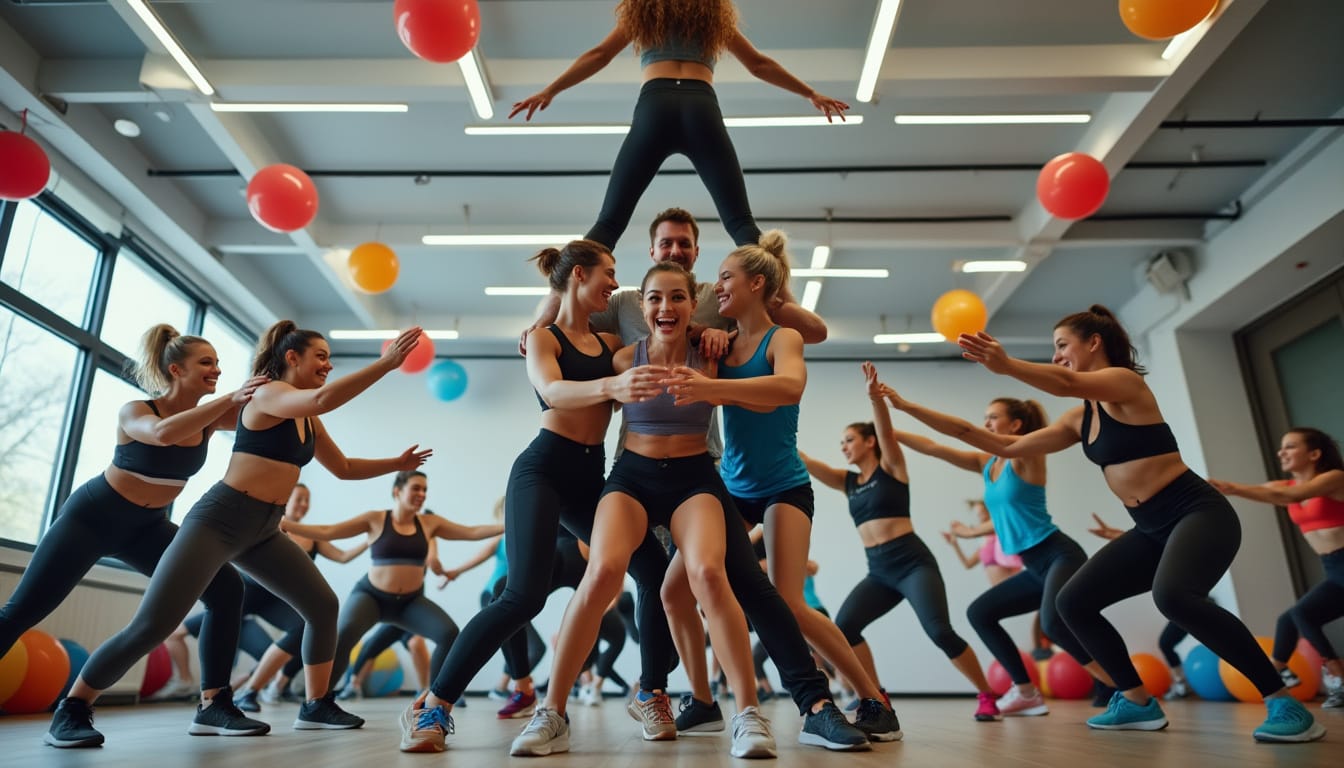 Groupe formant une pyramide humaine avec ballons lors d'un cours de fitness festif