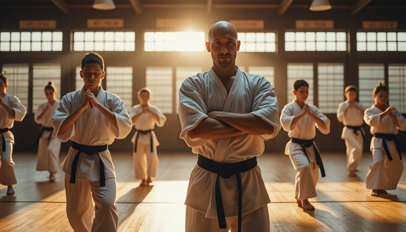 Maitre d'arts martiaux bras croises devant des eleves en kimono dans un dojo