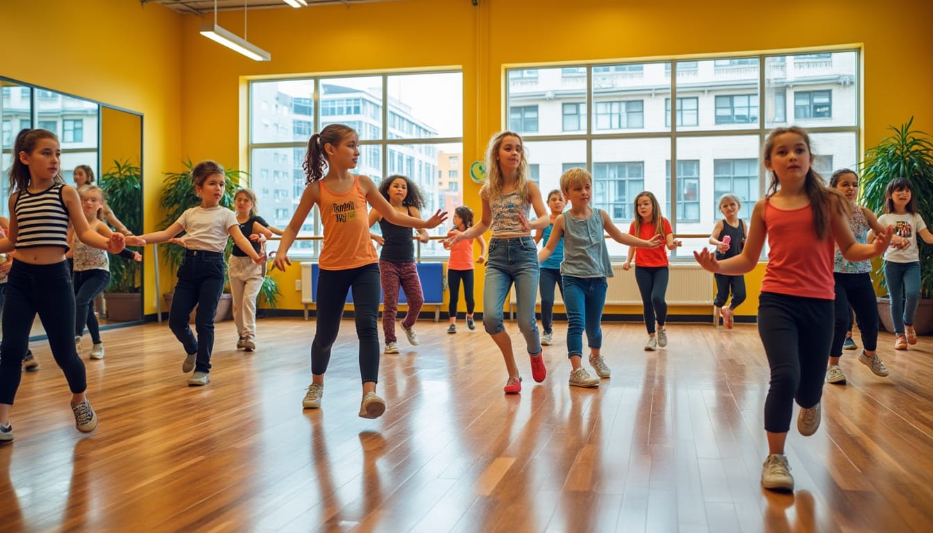 Enfants et adolescents dansant dans une salle aux murs jaunes