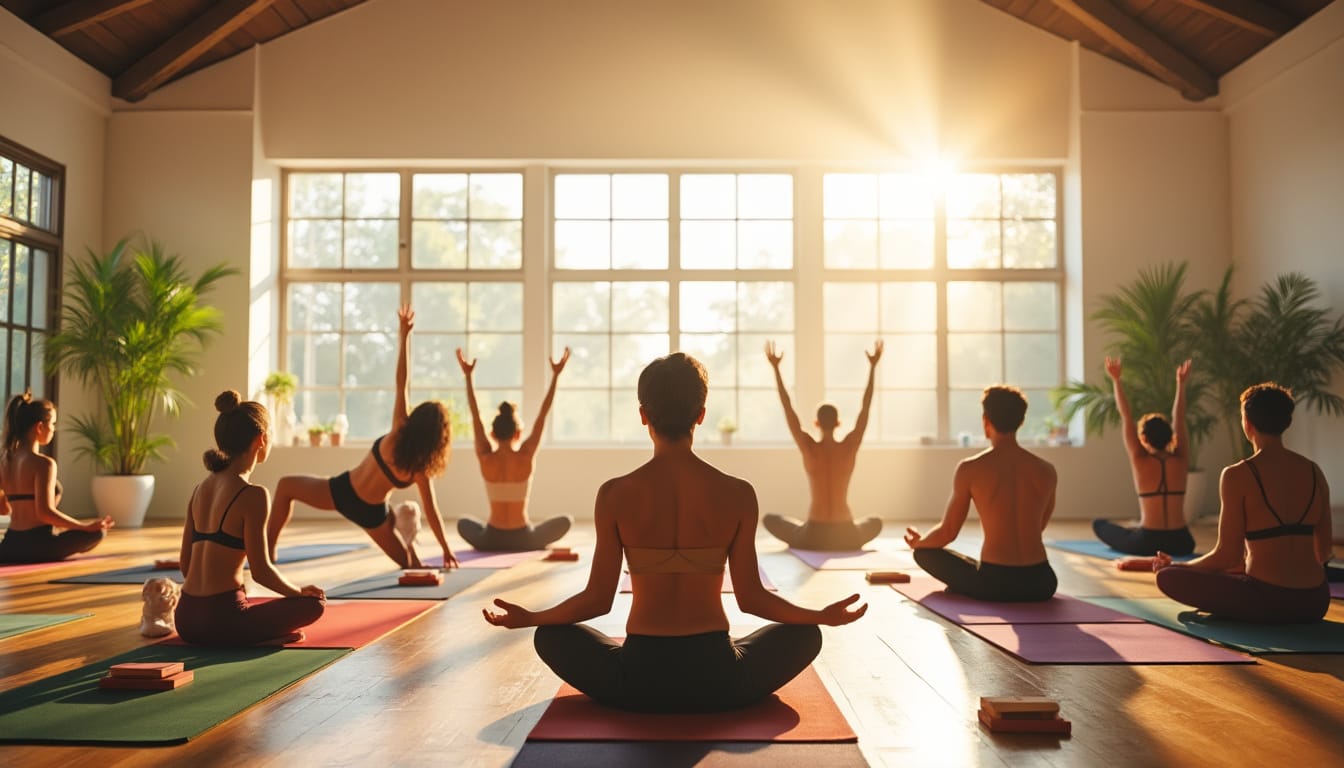 Cours collectif de yoga et meditation dans une salle baignee de soleil