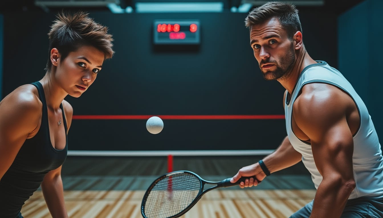 Deux joueurs de squash concentres face a face avec raquette et balle