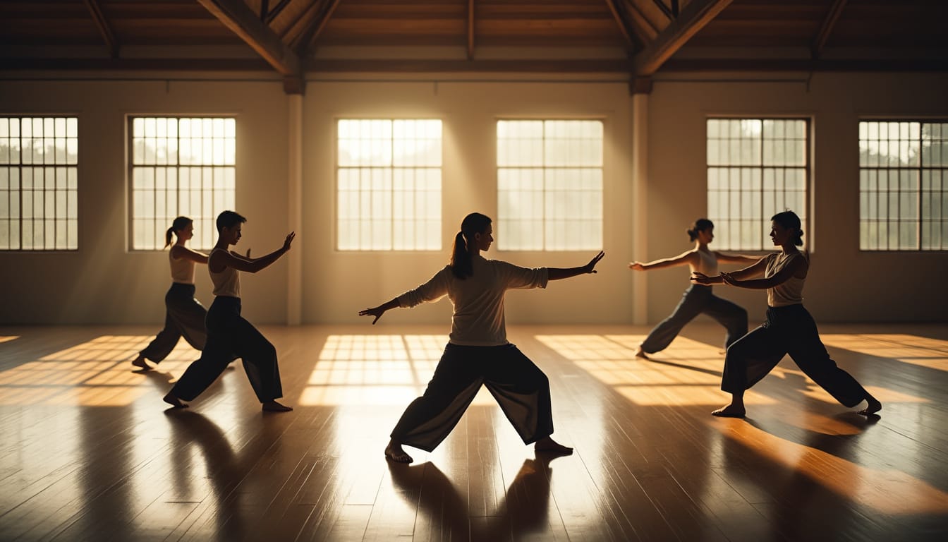 Pratiquants de tai-chi en mouvements lents dans un dojo baigne de lumiere