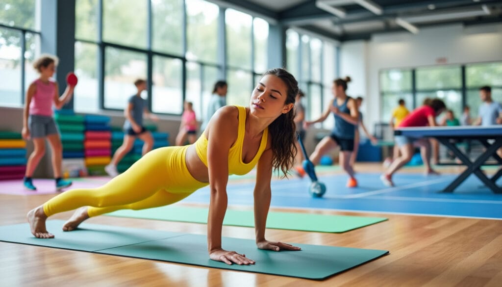 Femme en planche sur un tapis dans une salle multisport avec ping-pong en fond