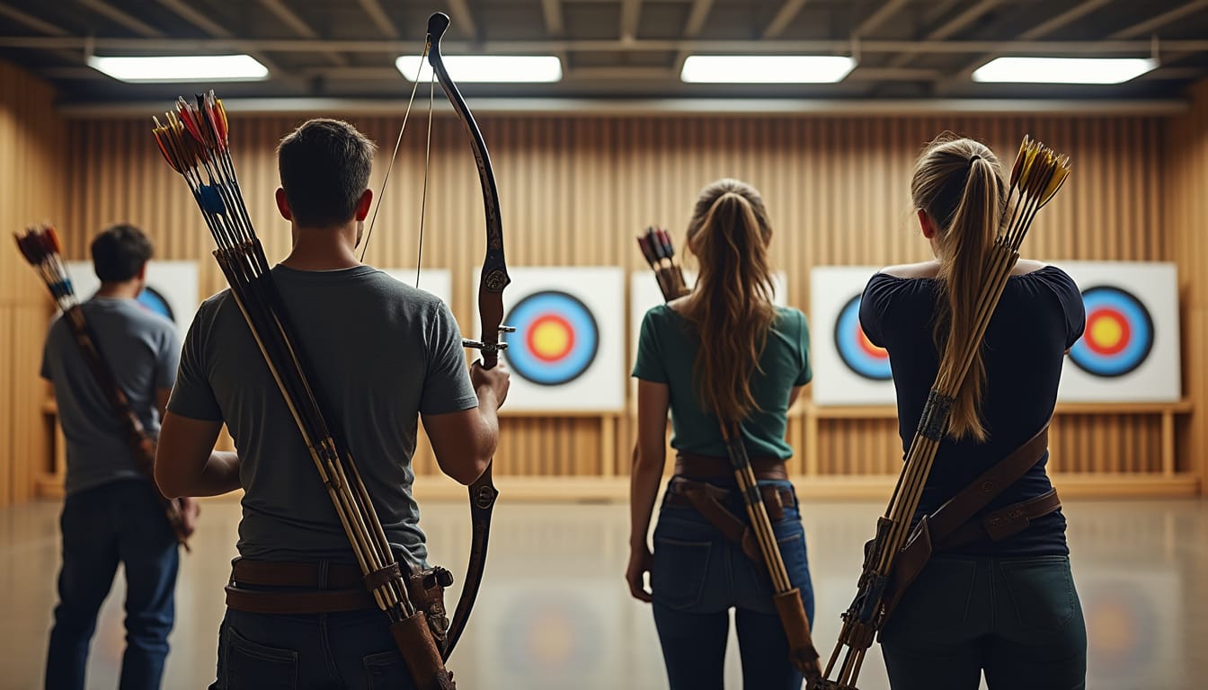 Archers de dos visant des cibles dans un stand de tir a l'arc interieur