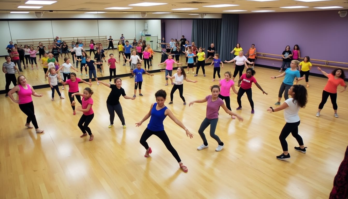 Grand groupe d'enfants et adultes dansant dans une salle avec miroirs