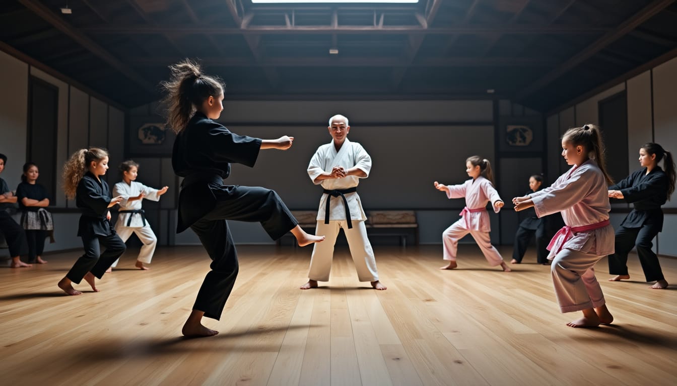 Cours d'arts martiaux avec maitre en kimono blanc et enfants en noir et rose