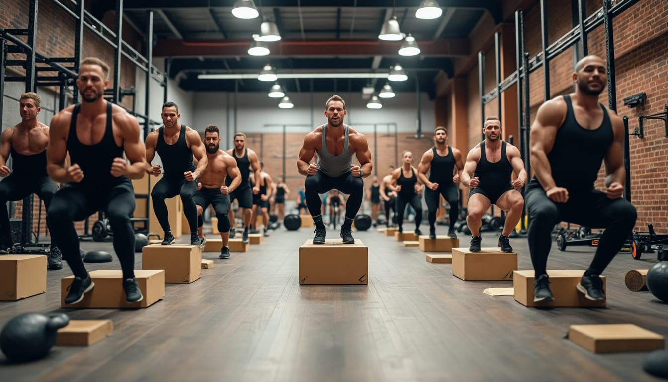 Groupe d'hommes muscles faisant des squats sur des box en salle de crossfit