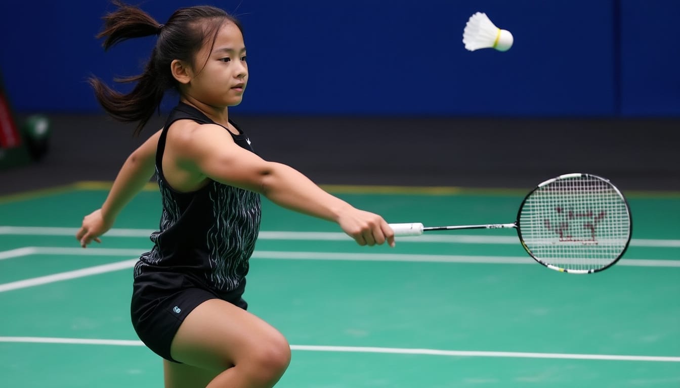 Jeune fille jouant au badminton en salle avec concentration sur le volant