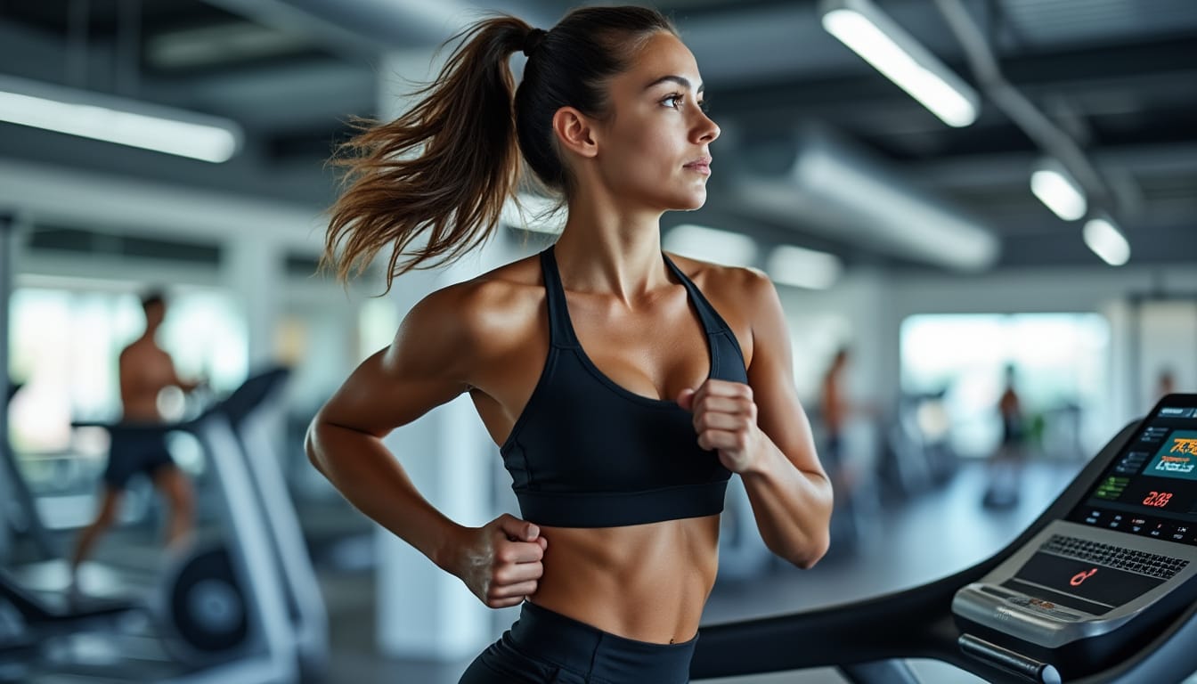 Femme sportive courant sur un tapis roulant dans une salle de fitness