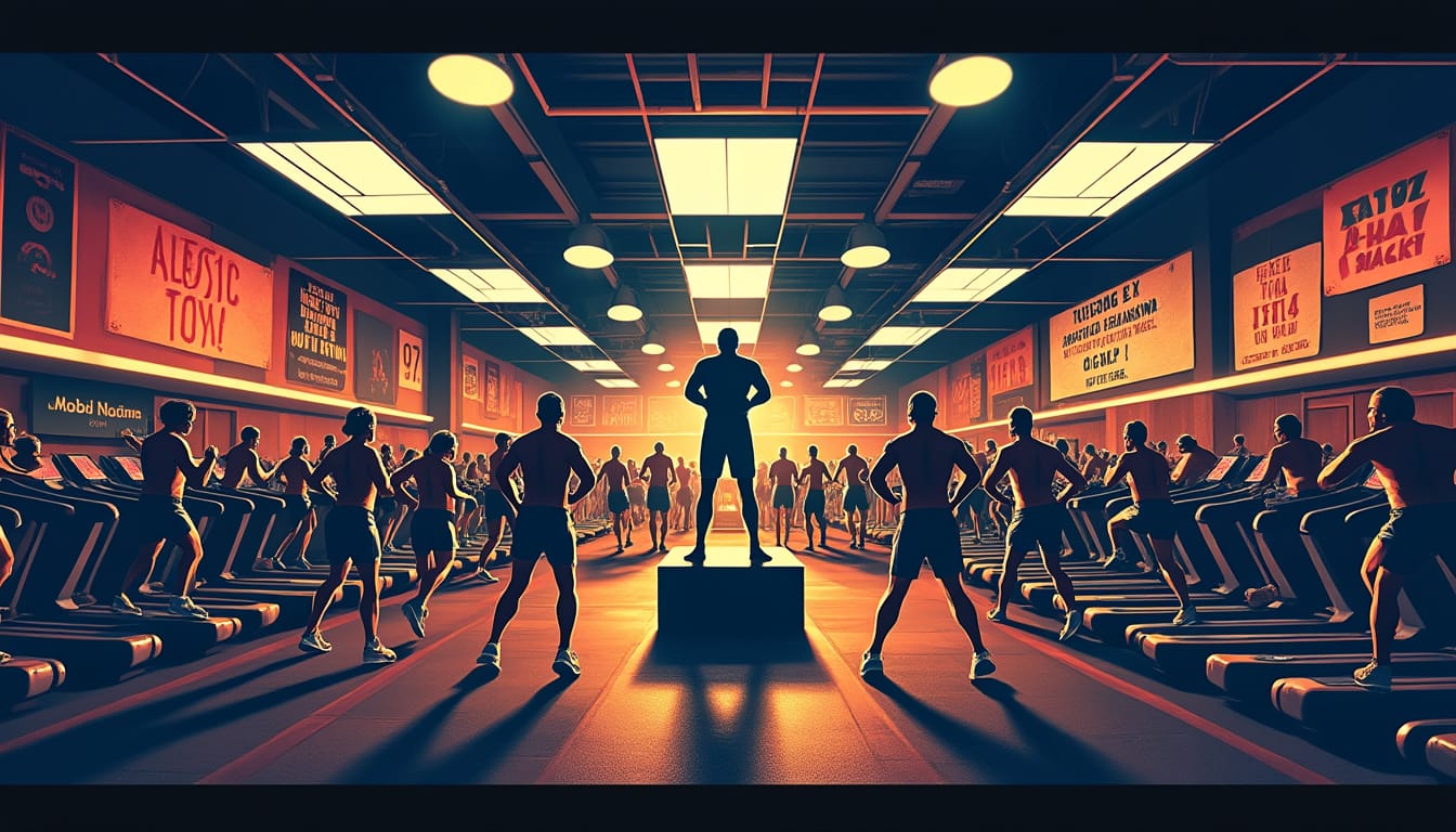 Illustration d'une silhouette dominant une salle de sport bondee style cinematographique