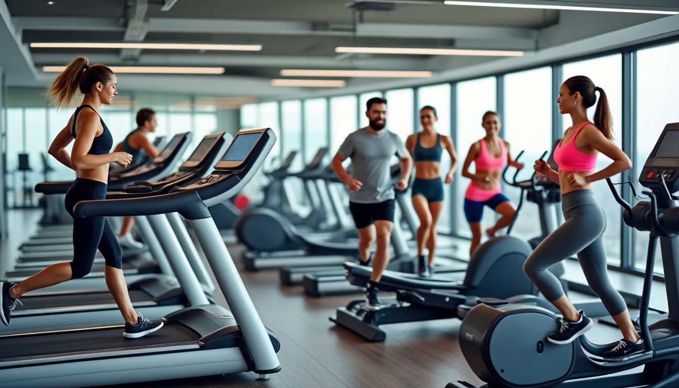 Sportifs courant sur tapis roulants et velos elliptiques dans une salle moderne