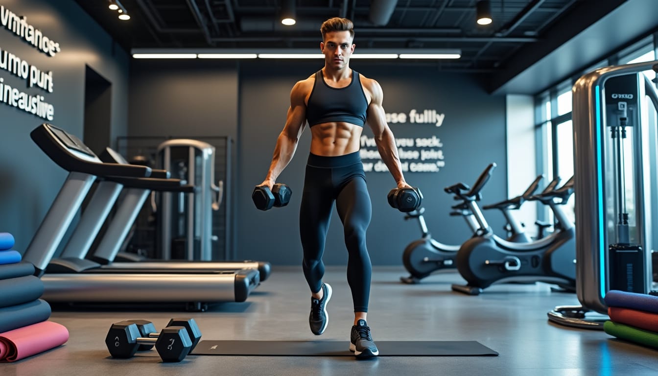 Homme musclé tenant des haltères debout dans une salle de sport moderne