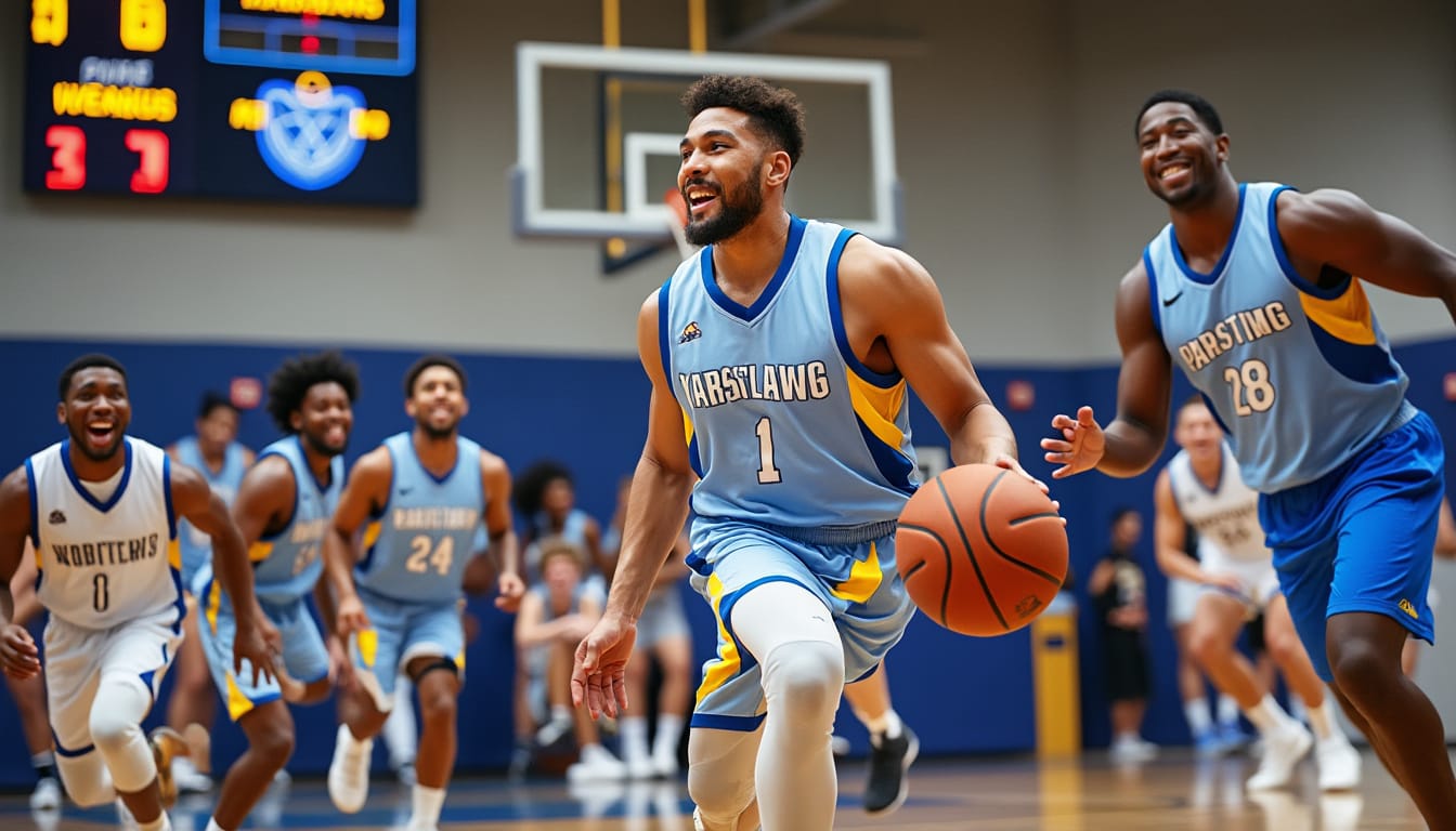 Joueurs de basketball souriants en maillots bleus sur un terrain en salle