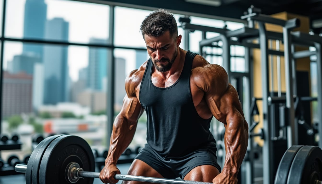 Homme musclé soulevant une barre chargée dans une salle avec vue urbaine