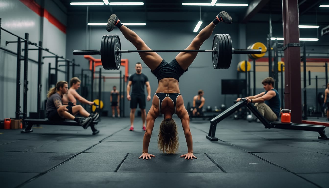 Femme en équilibre sur les mains avec barre aux pieds dans une salle de crossfit