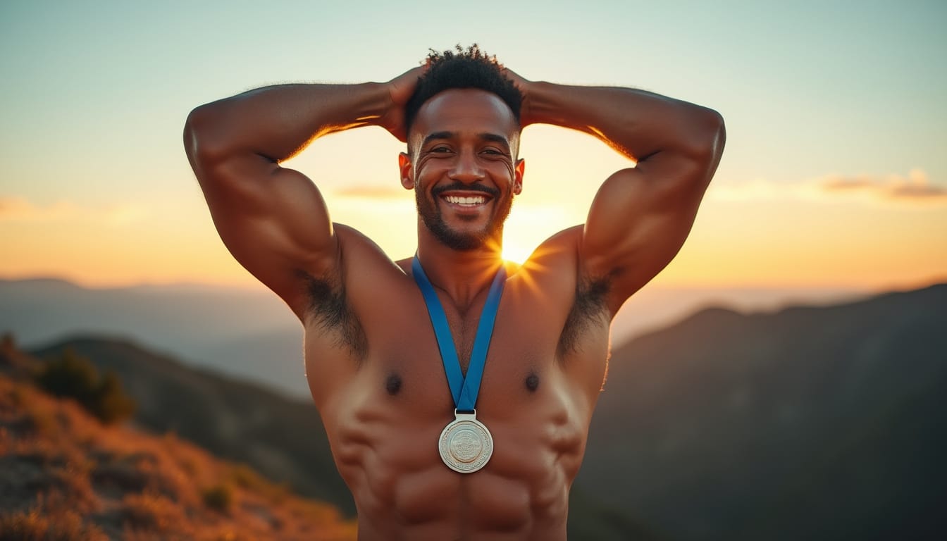 Sportif souriant portant une médaille au coucher du soleil en montagne