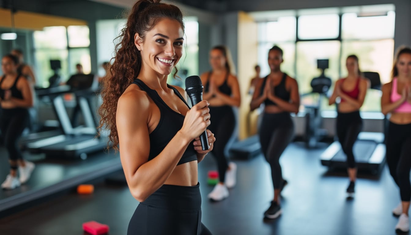 Coach sportive souriante tenant un micro dans une salle de fitness