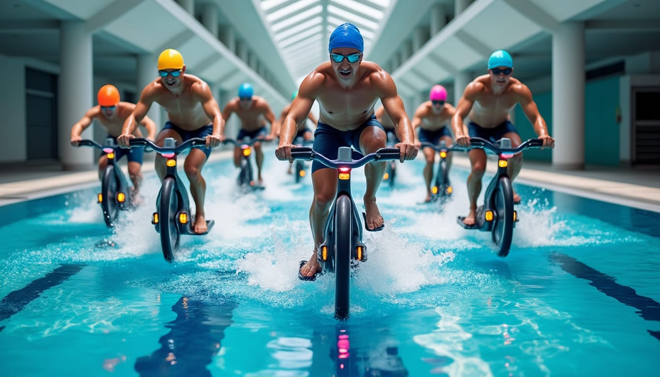 Groupe en maillots et bonnets pédalant sur des vélos aquatiques dans une piscine