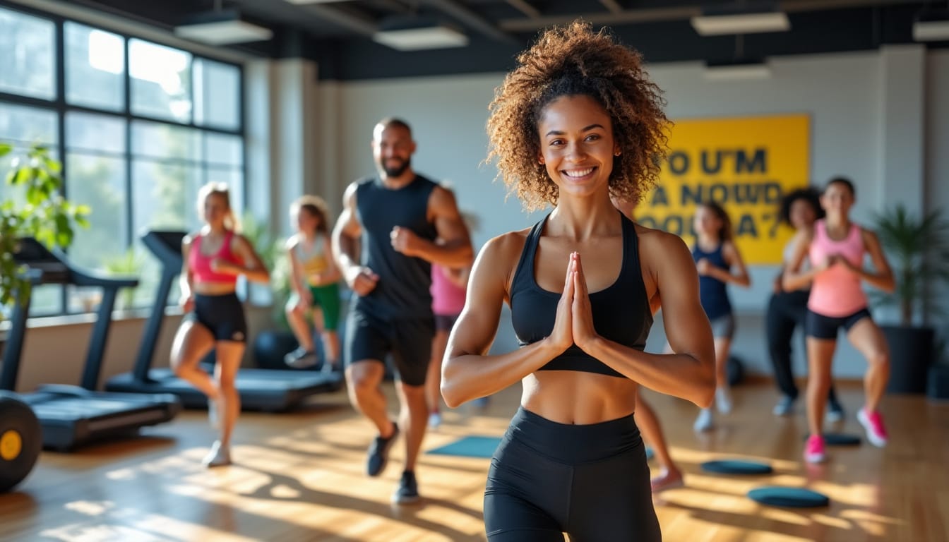 Femme souriante mains jointes entourée de participants en cours de fitness