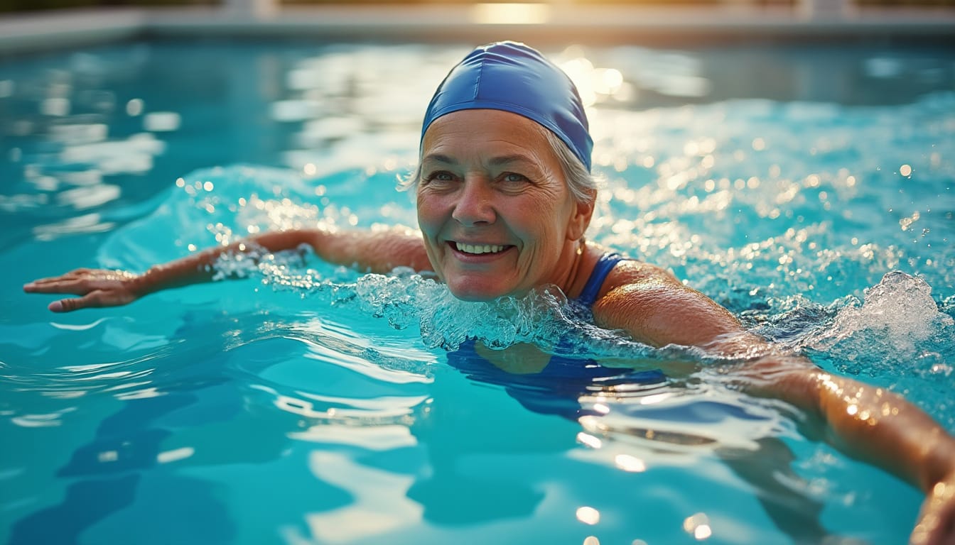 Femme senior souriante nageant avec bonnet bleu dans une piscine ensoleillée