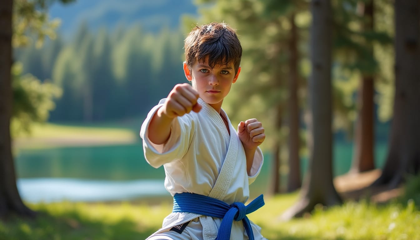 Jeune garçon en kimono blanc et ceinture bleue exécutant un coup de poing en extérieur