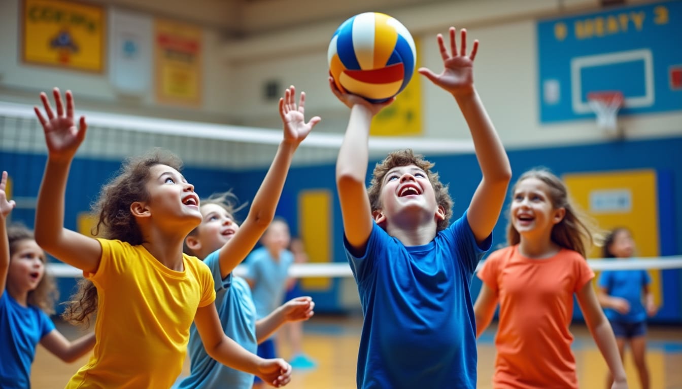 Enfants joyeux jouant au volleyball dans un gymnase scolaire