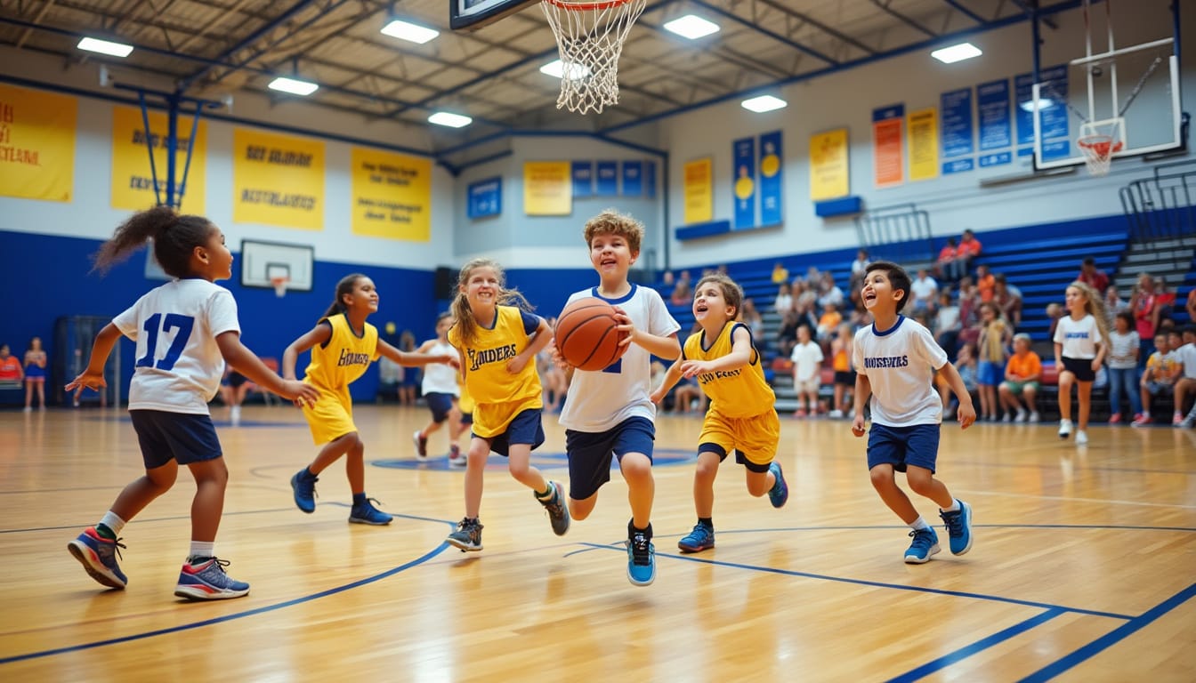 Enfants jouant au basketball dans un gymnase aux couleurs vives