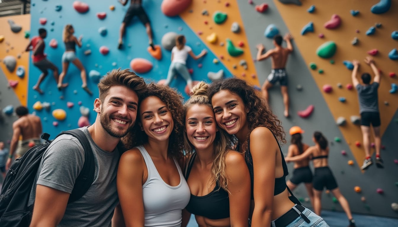 Groupe d’amis souriants posés devant un mur d’escalade coloré