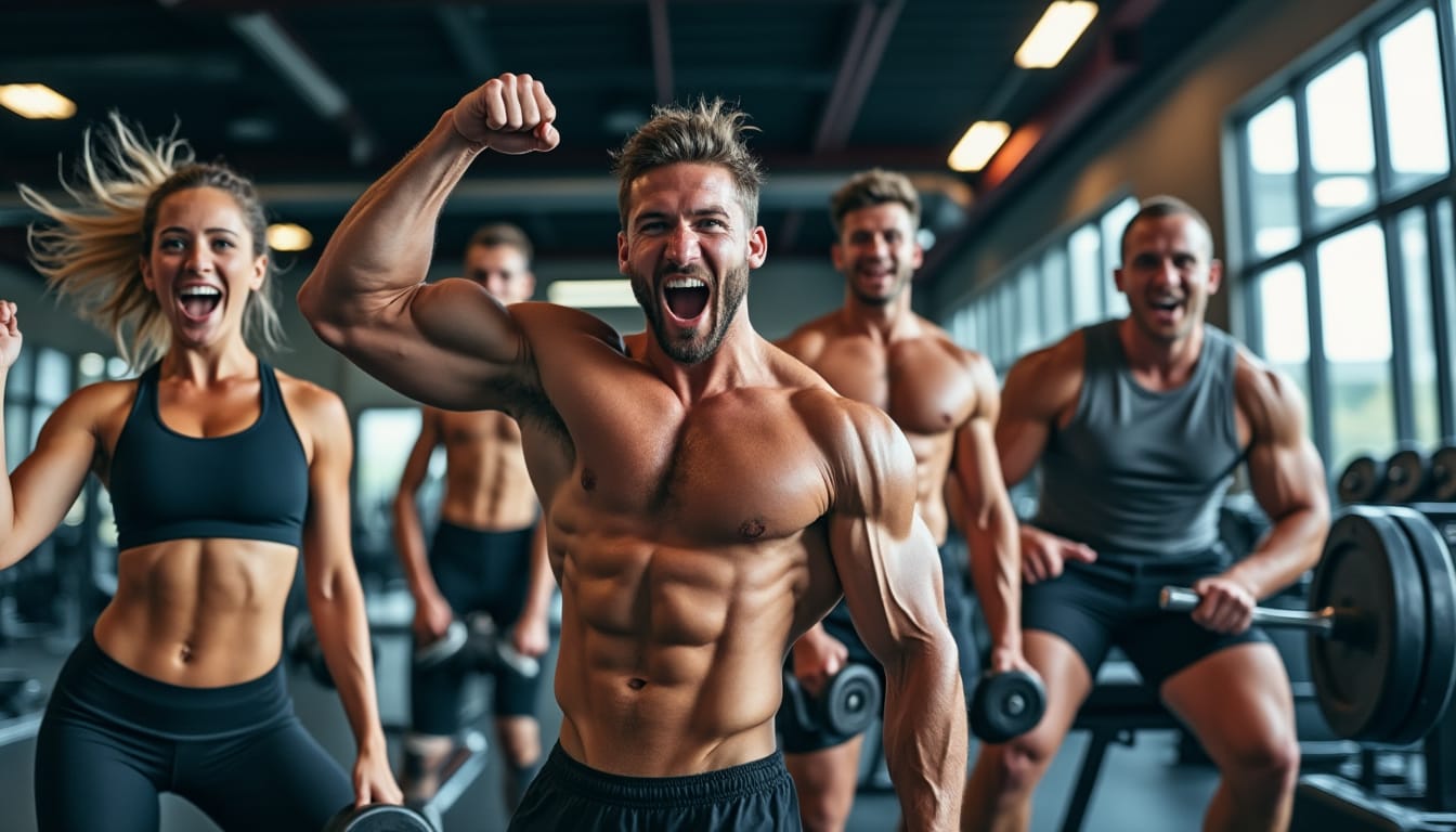 Groupe de sportifs enthousiastes célébrant le poing levé dans une salle de musculation