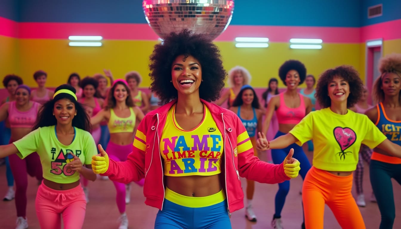 Cours d’aérobic coloré style années 80 avec boule disco et tenues fluo