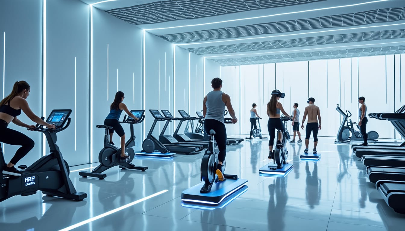 Salle de sport futuriste blanche avec vélos connectés et éclairage LED