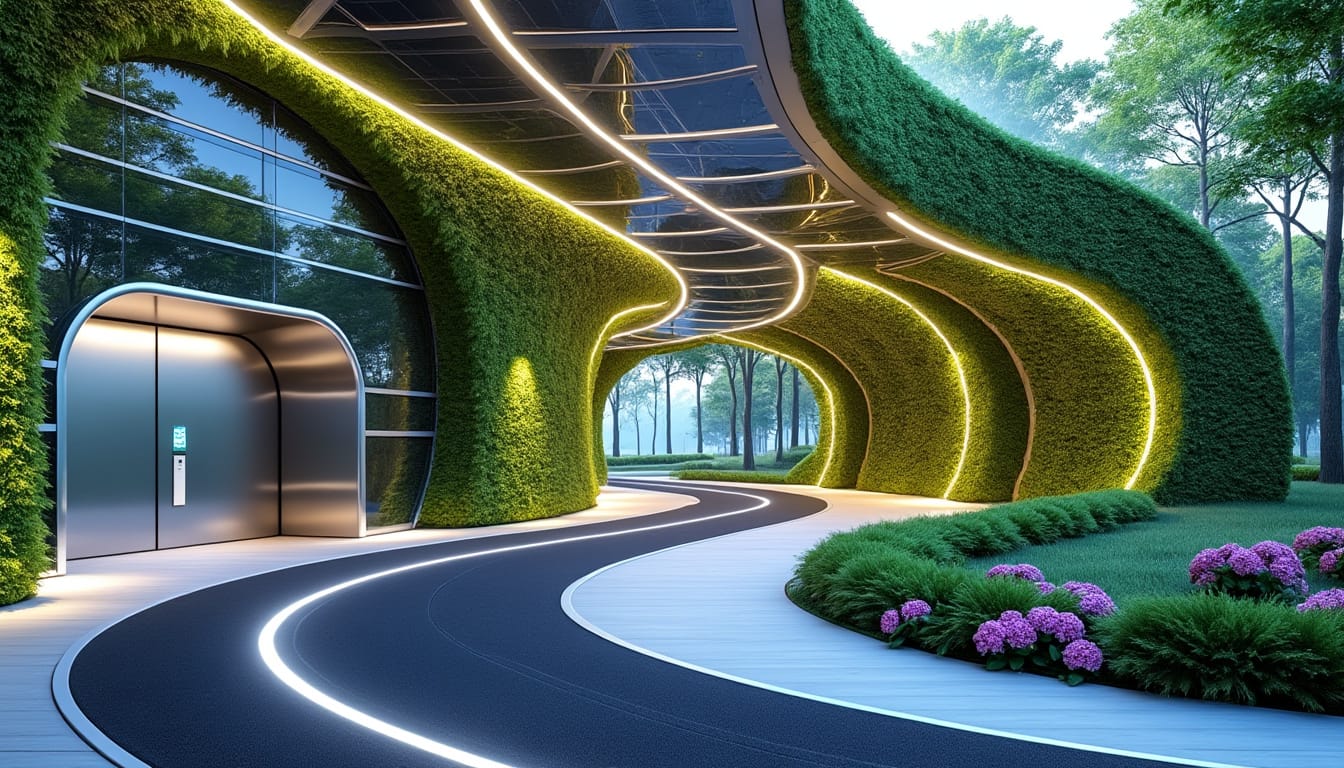 Bâtiment futuriste couvert de végétation avec piste sinueuse illuminée