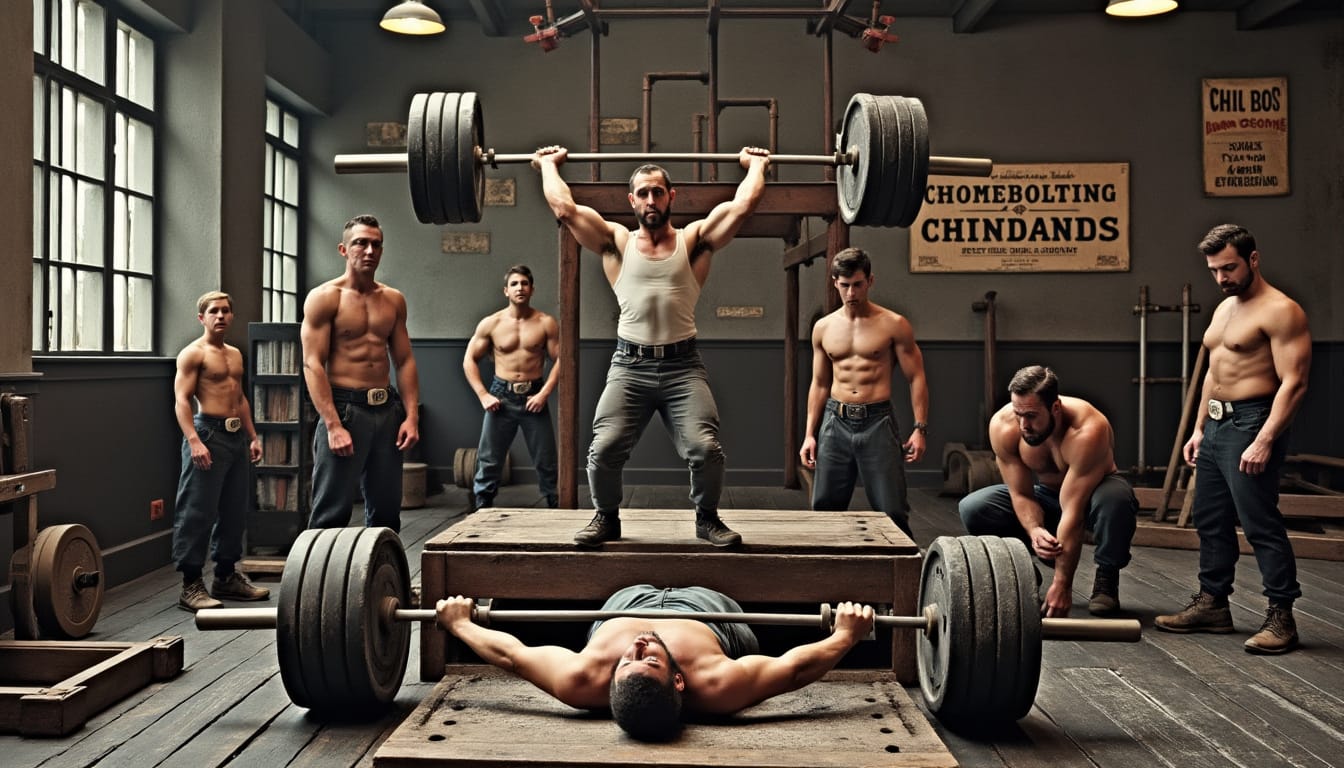 Hommes soulevant des haltères dans une salle de musculation d’époque en bois